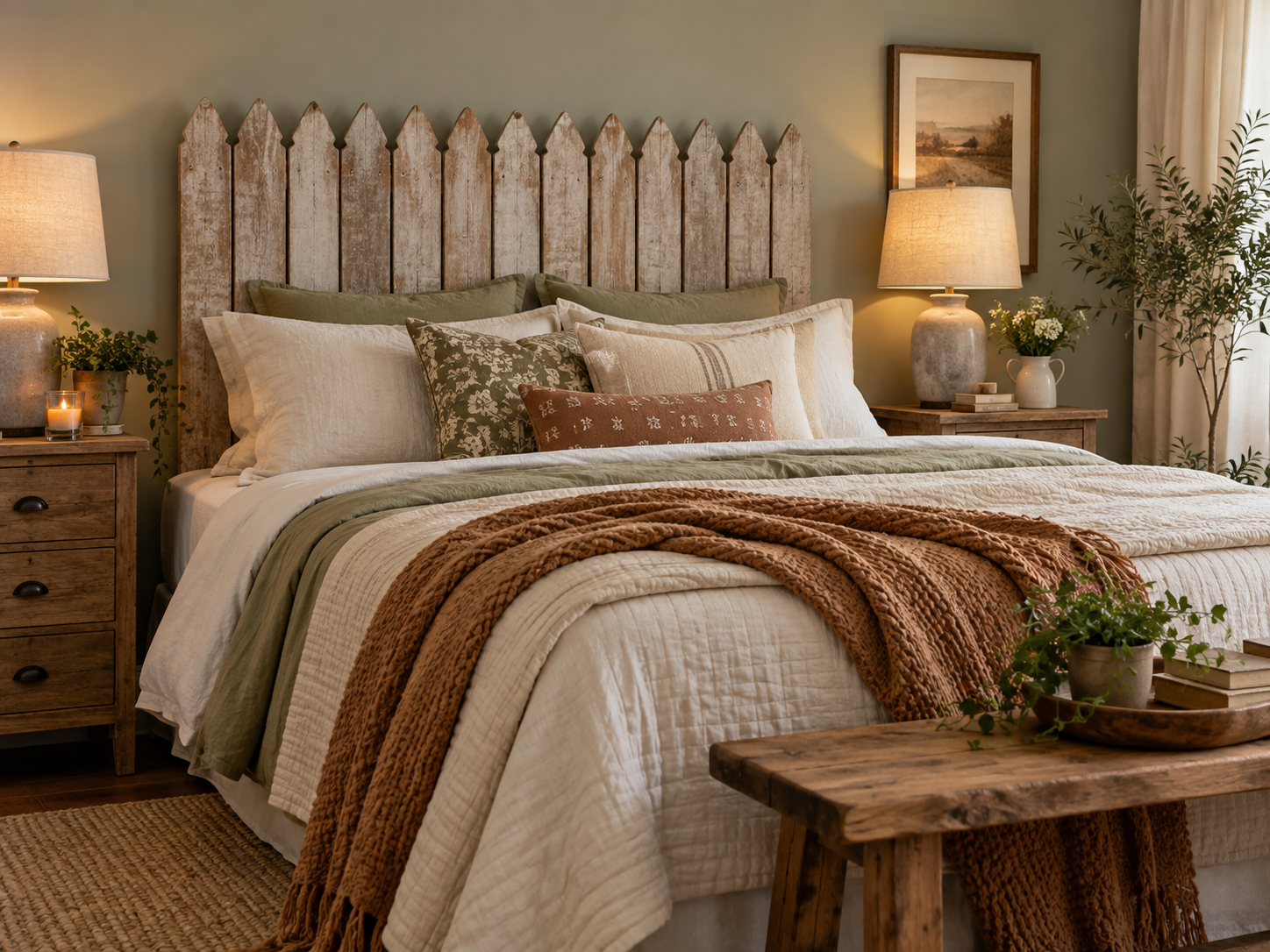 Finished bedroom with a broad fence-picket-inspired wood headboard behind the bed