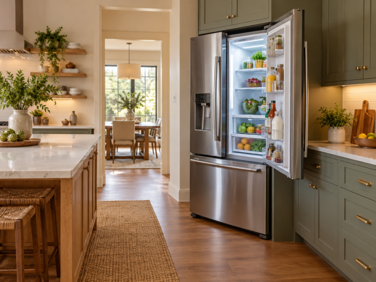 French-door refrigerator open in a kitchen showing door swing, counter fit and walking clearance