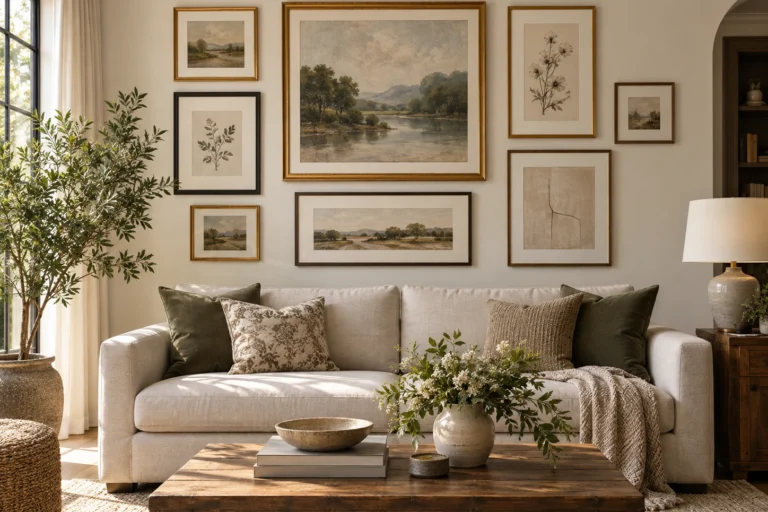 Gallery wall with framed art arranged across a warm, collected living room.