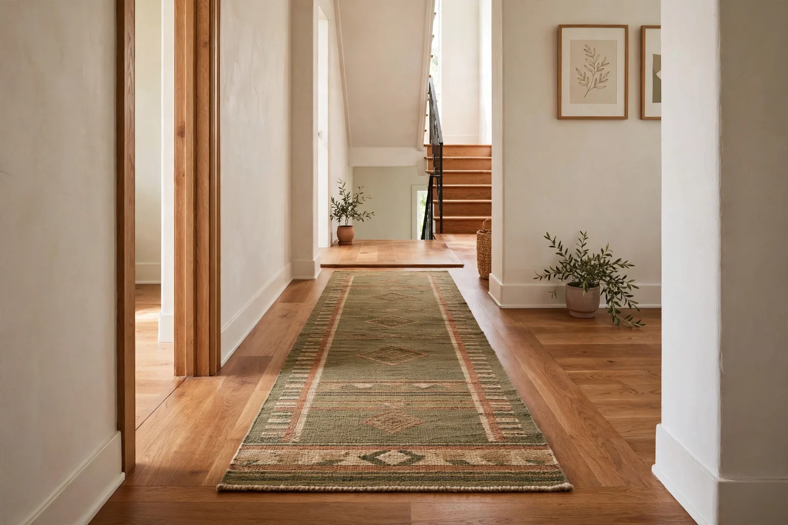 Hallway runner with visible floor borders and clearance from doorways and stairs
