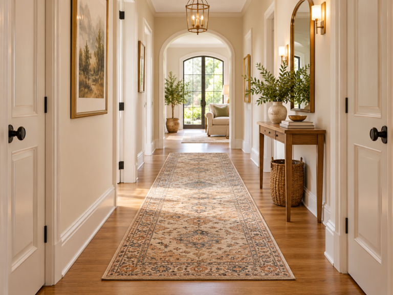 Hallway with a correctly proportioned runner rug, clear floor borders and door clearance