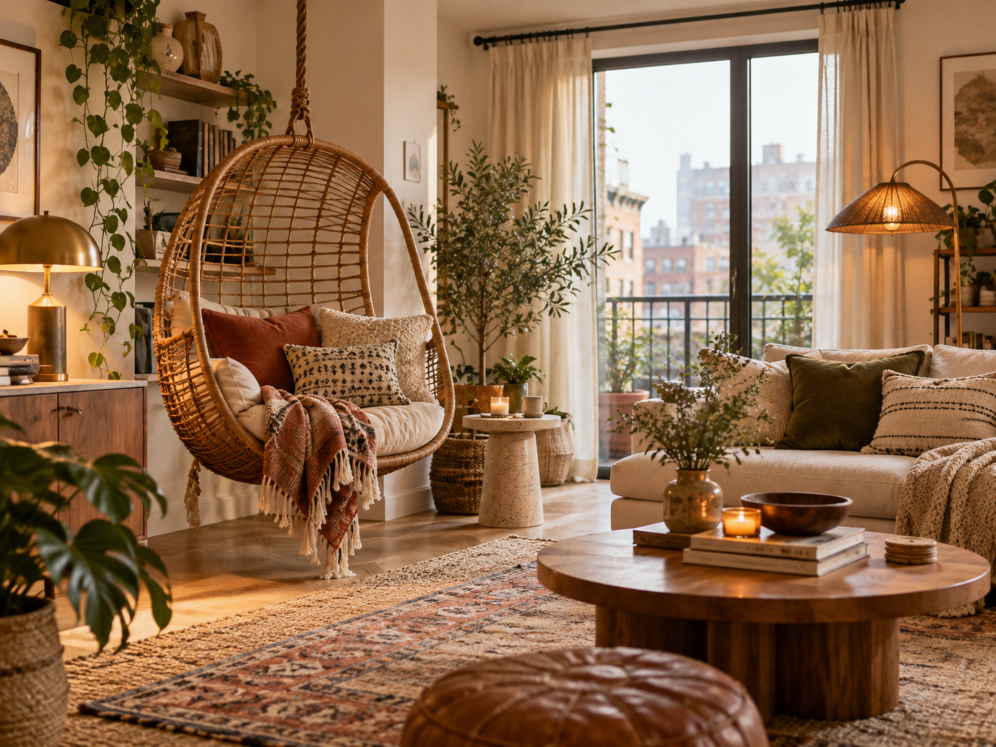 Hanging rattan swing chair in a warm apartment living room with clear surrounding floor space