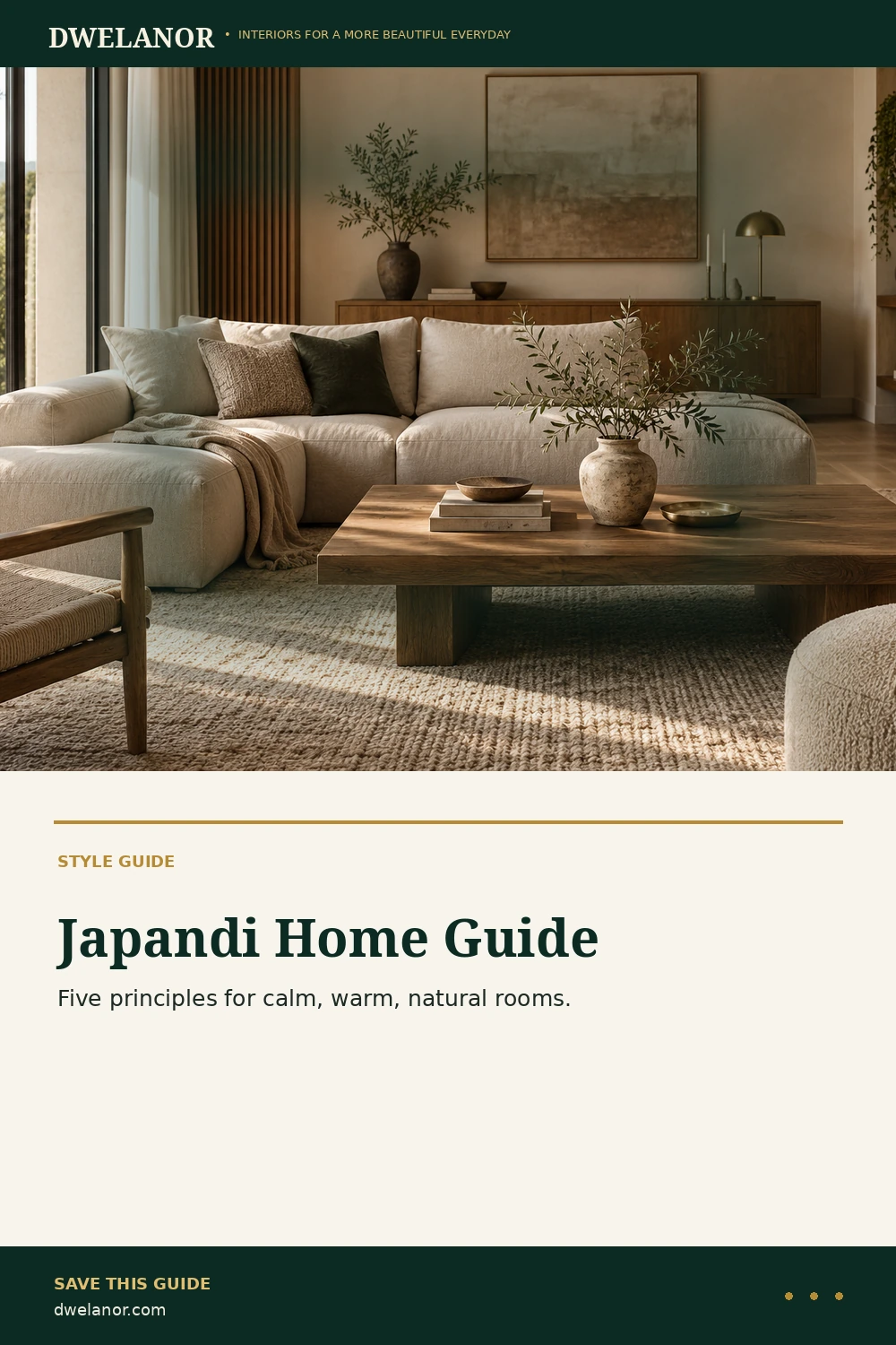 Pinterest summary graphic for the Dwelanor Japandi home guide