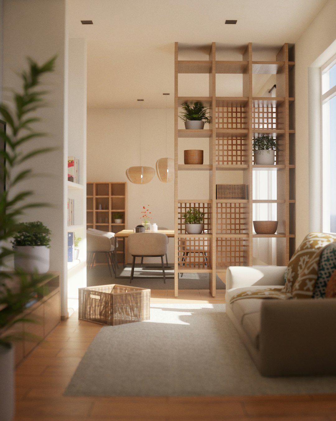 Japandi living room combining warm wood, woven textiles and restrained neutral surfaces