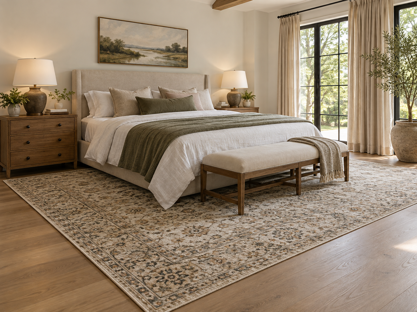 King bedroom with a large area rug extending around the sides and foot