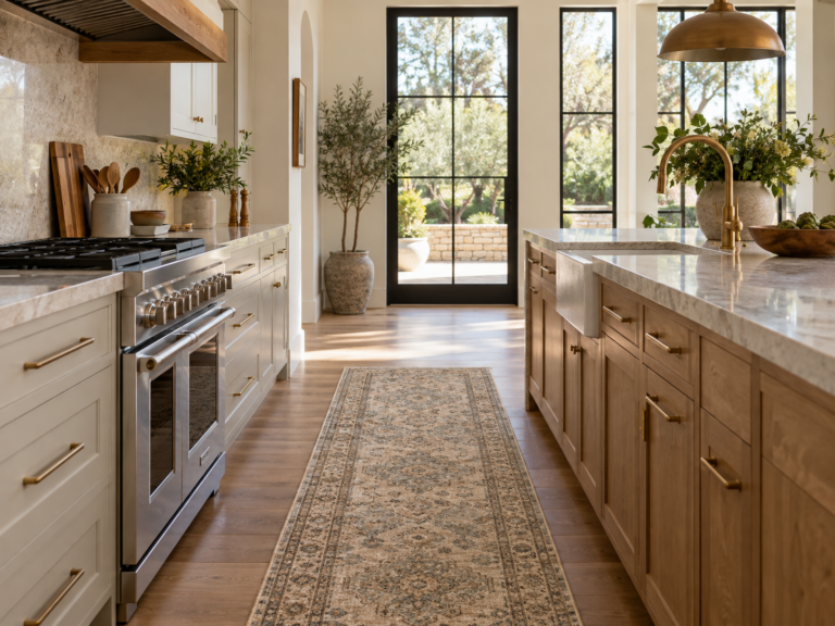 Kitchen aisle between base cabinets and island showing a clear working route between appliances and counters