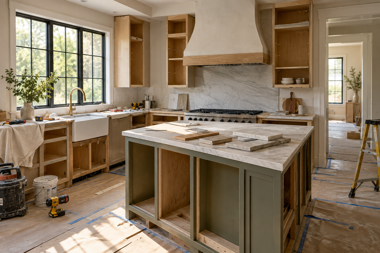 Kitchen remodeling project in progress with unfinished cabinetry, tools, samples and protected surfaces