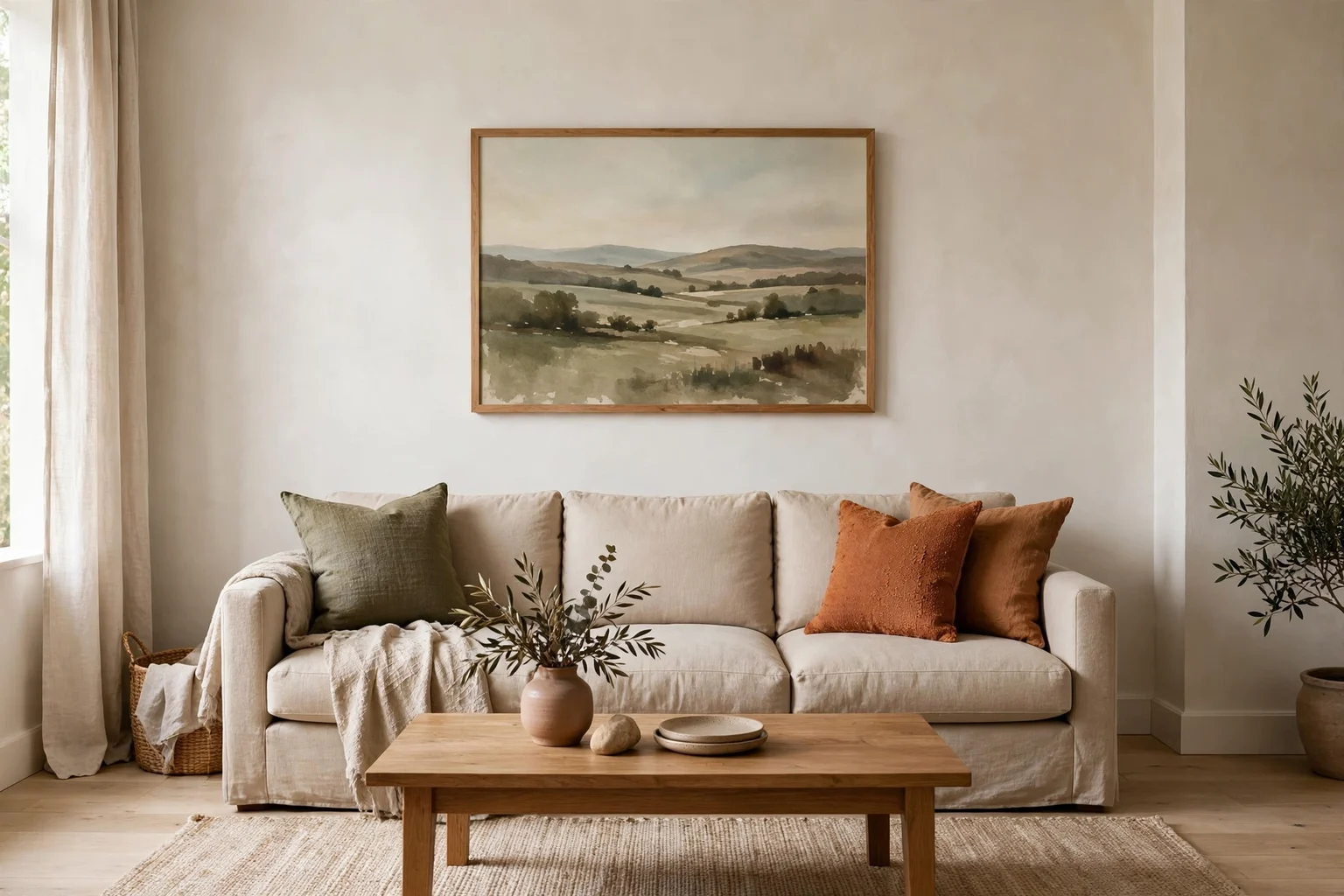 Large artwork proportioned above a sofa with balanced width and spacing
