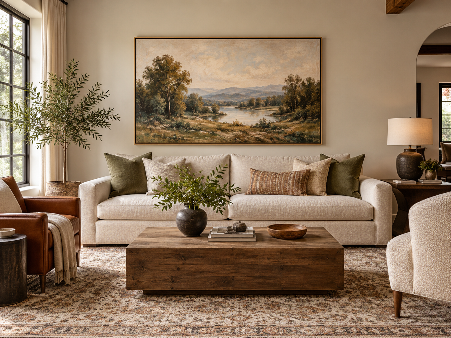 Large landscape artwork correctly scaled and centered above a sofa