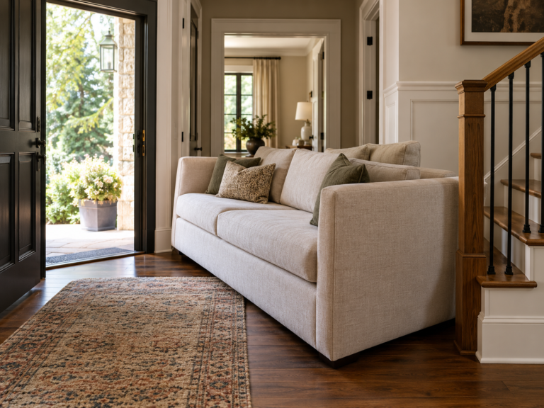Large sofa being maneuvered through a doorway and hallway for furniture delivery planning