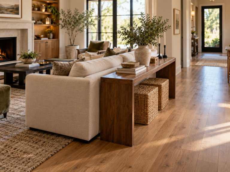 Long console table positioned behind a sofa with clear walking space beside the seating area
