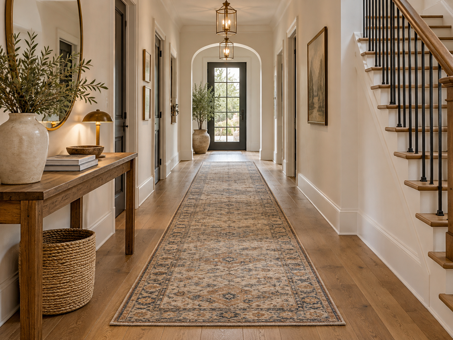 Long hallway runner positioned between doorways and a staircase