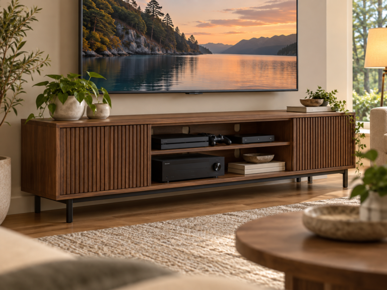 Media console with game consoles and AV equipment showing useful depth, shelf space and ventilation openings