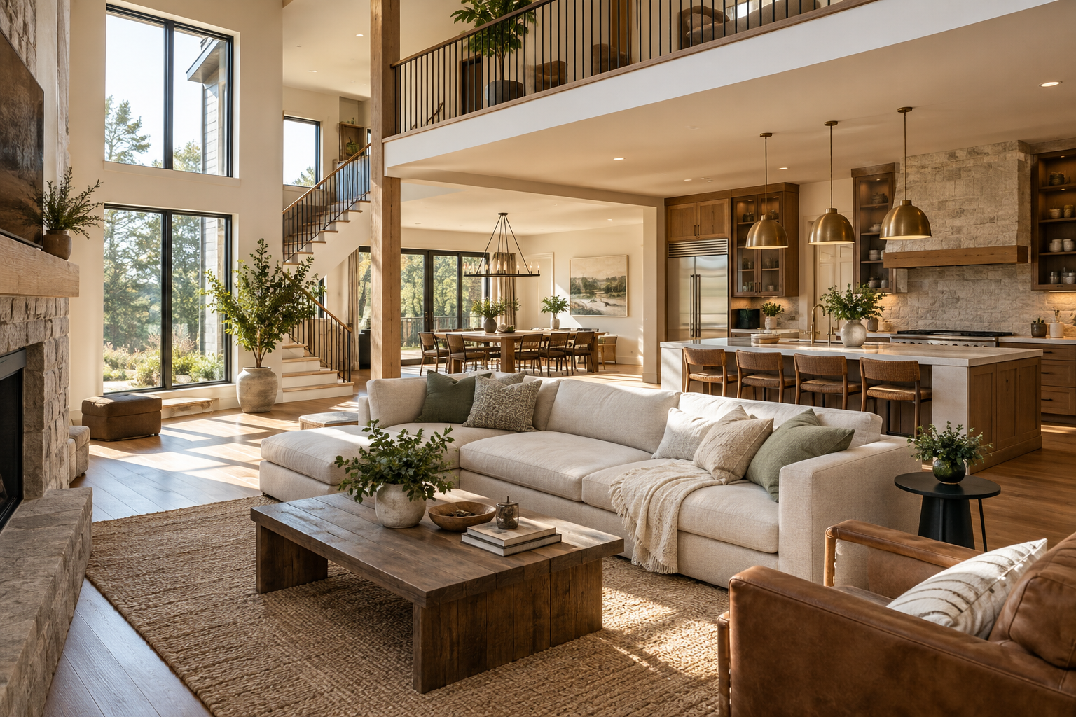 Open-plan home interior showing connected living, kitchen, dining and upper-level zones for home-size context