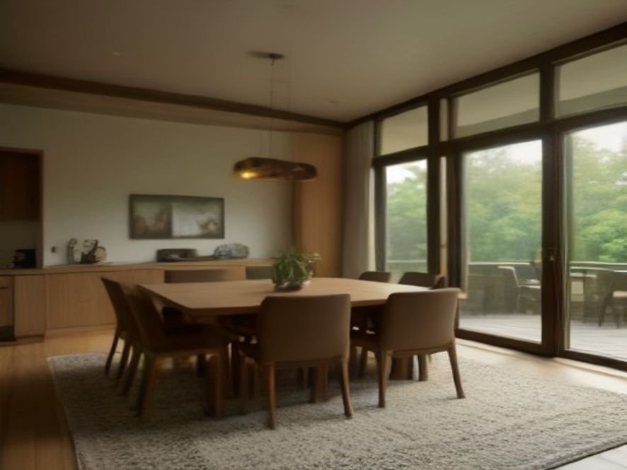 Open-plan living and dining room using coordinated rugs to define separate furniture zones