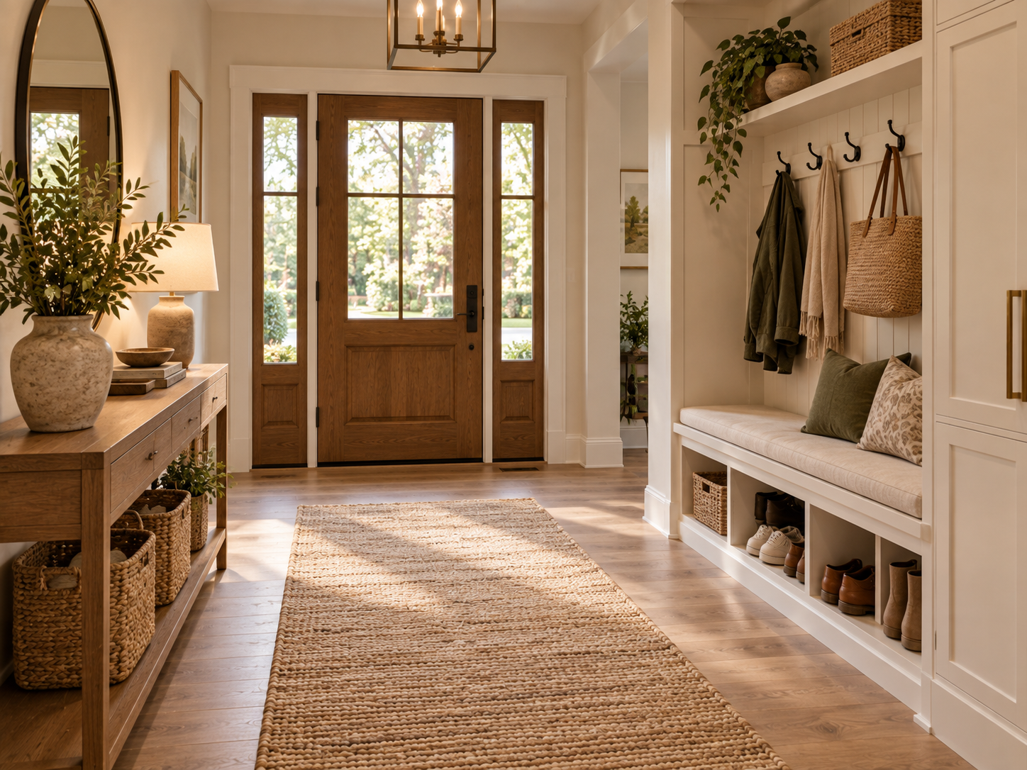 Organized entryway with bench, hooks, shoe storage and a clear everyday walking route