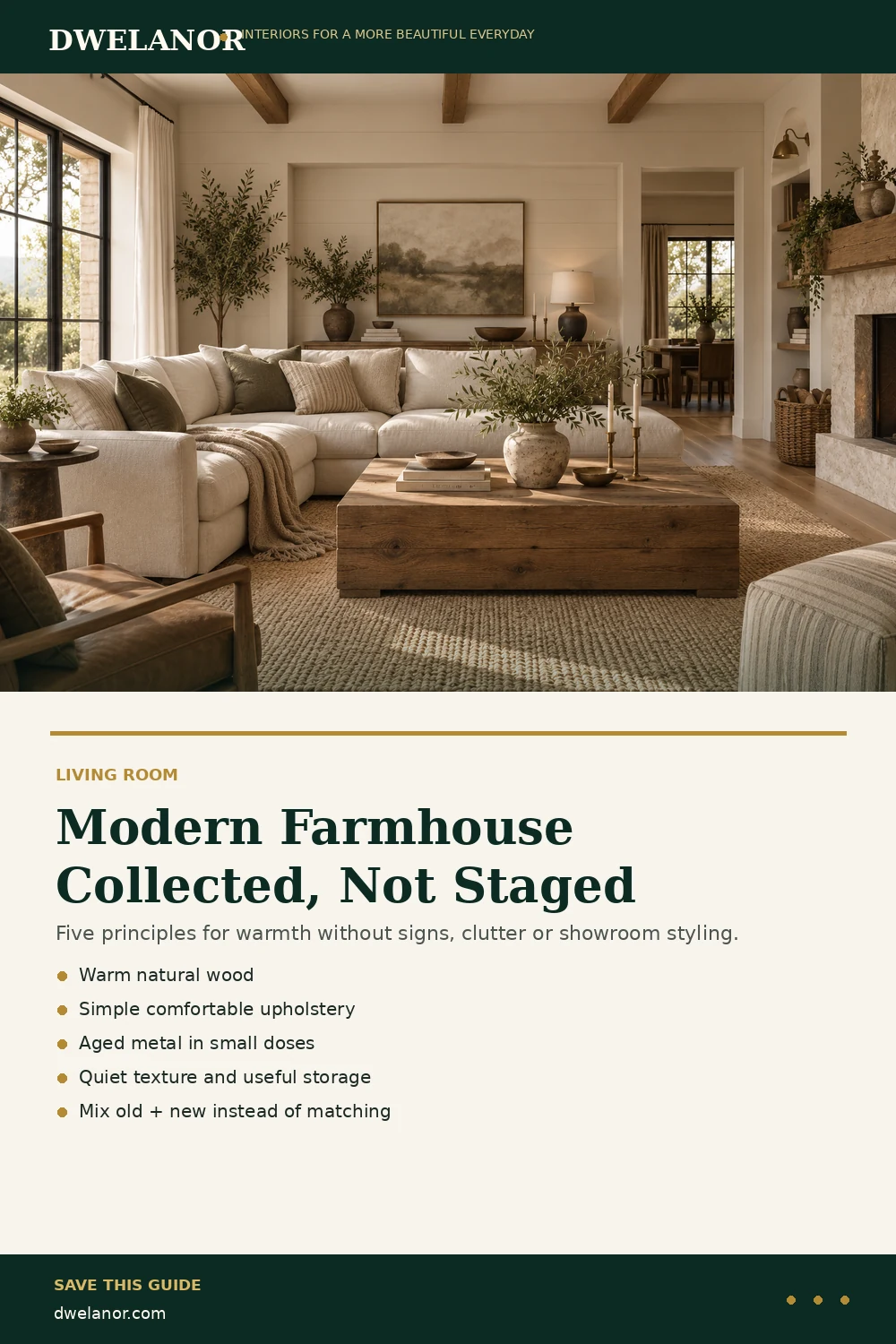 Pinterest summary graphic for a collected modern farmhouse living room