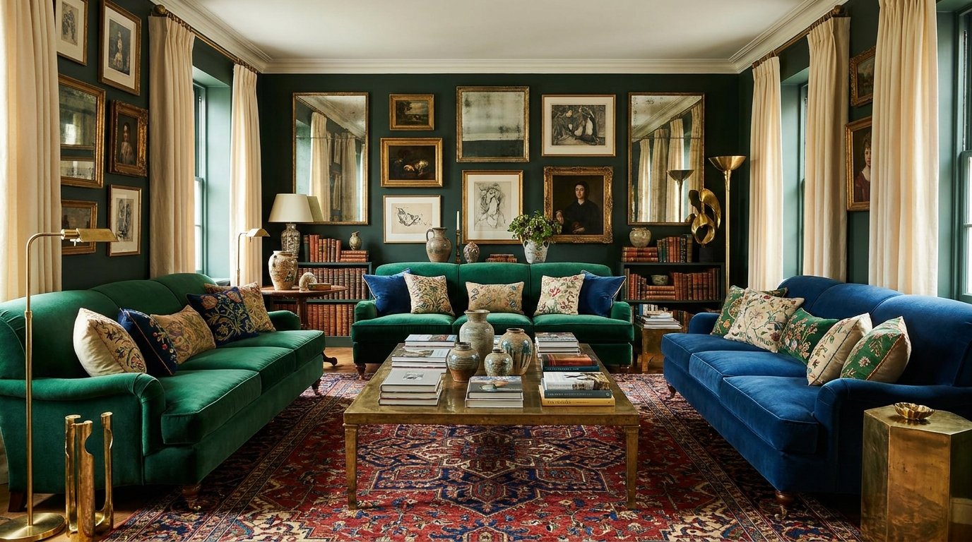 Refined maximalist living room with layered art, rich textiles and antique brass accents