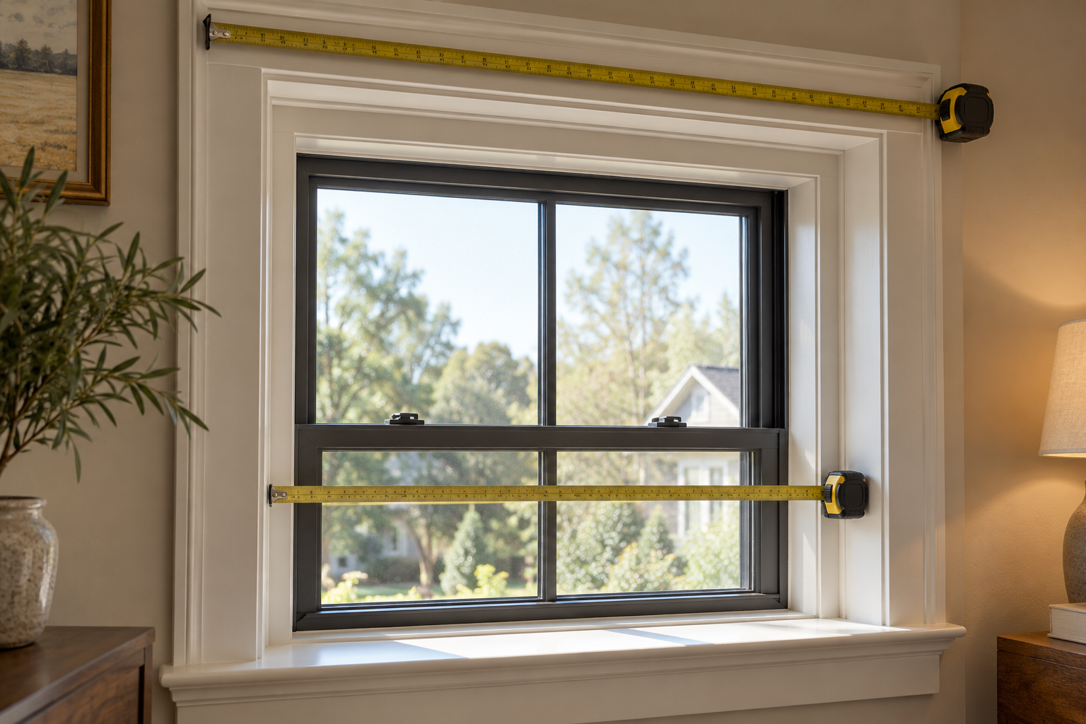 Residential window recess and trim being measured for inside-mount and outside-mount shade planning