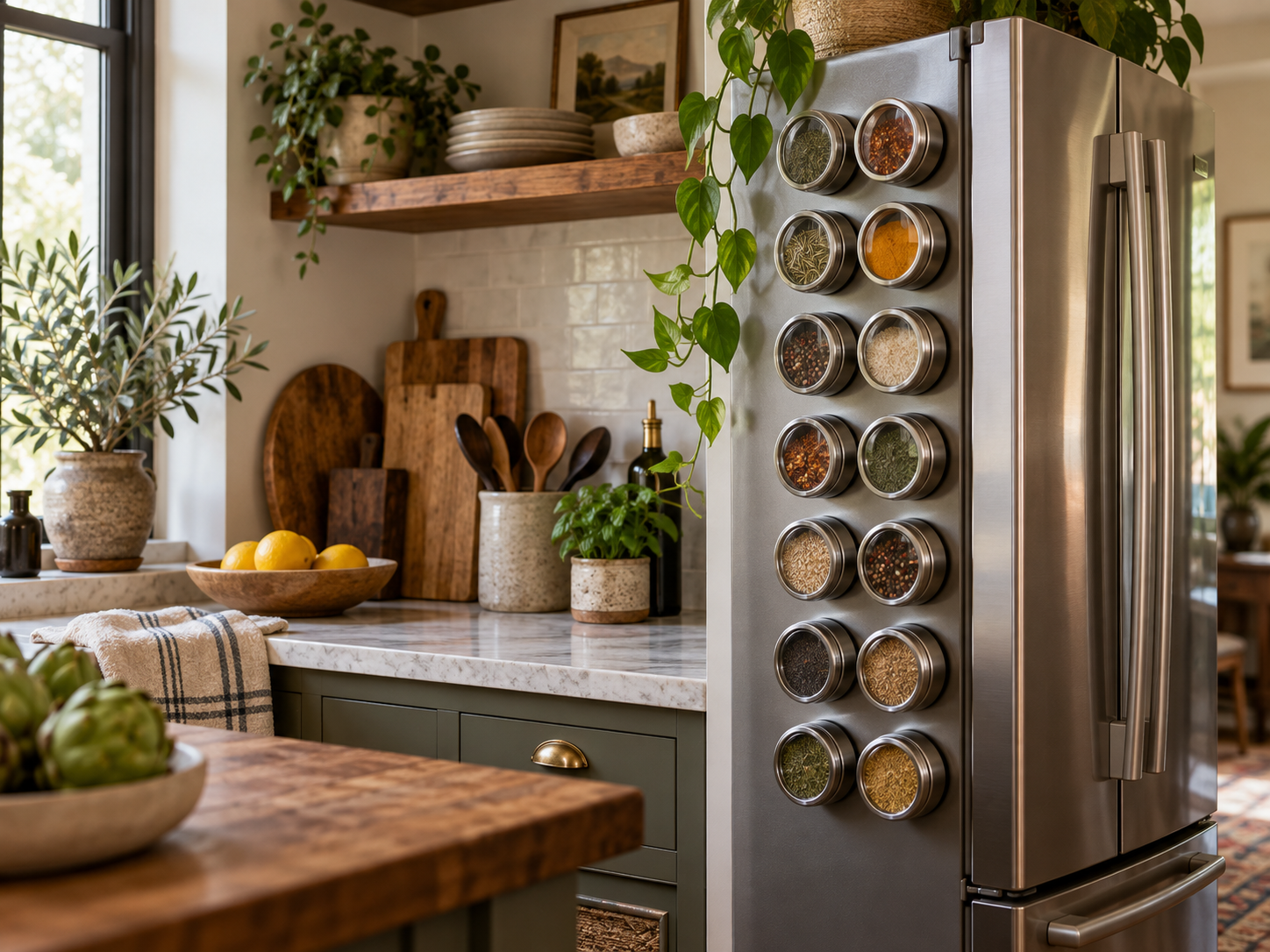 Secure magnetic spice jars arranged on the side panel of a refrigerator away from cooking heat and steam