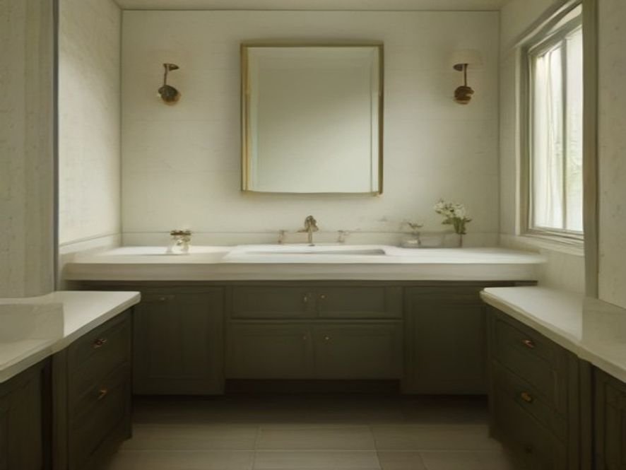 Shared bathroom with a double vanity, two sinks, generous storage and two mirrors