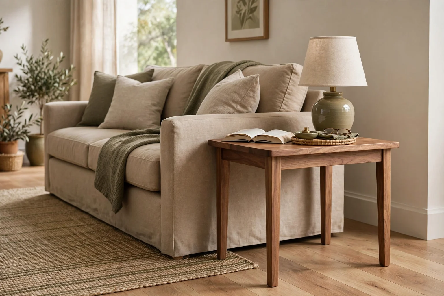 Side table beside a sofa at practical arm height with lamp and reach context