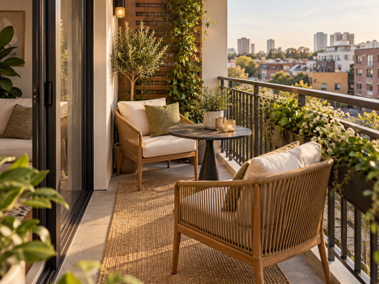 Small urban balcony with compact chairs and table while preserving a clear walking route