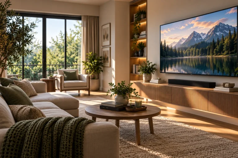 Warm living room with a sectional sofa facing a wall-mounted television at a comfortable viewing distance