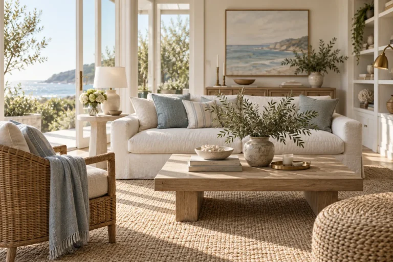 Relaxed coastal living room with linen upholstery, pale wood and soft sea-toned accents
