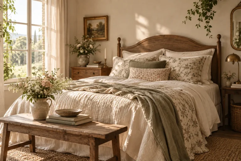 Romantic cottagecore bedroom with layered natural bedding, warm wood and soft morning light