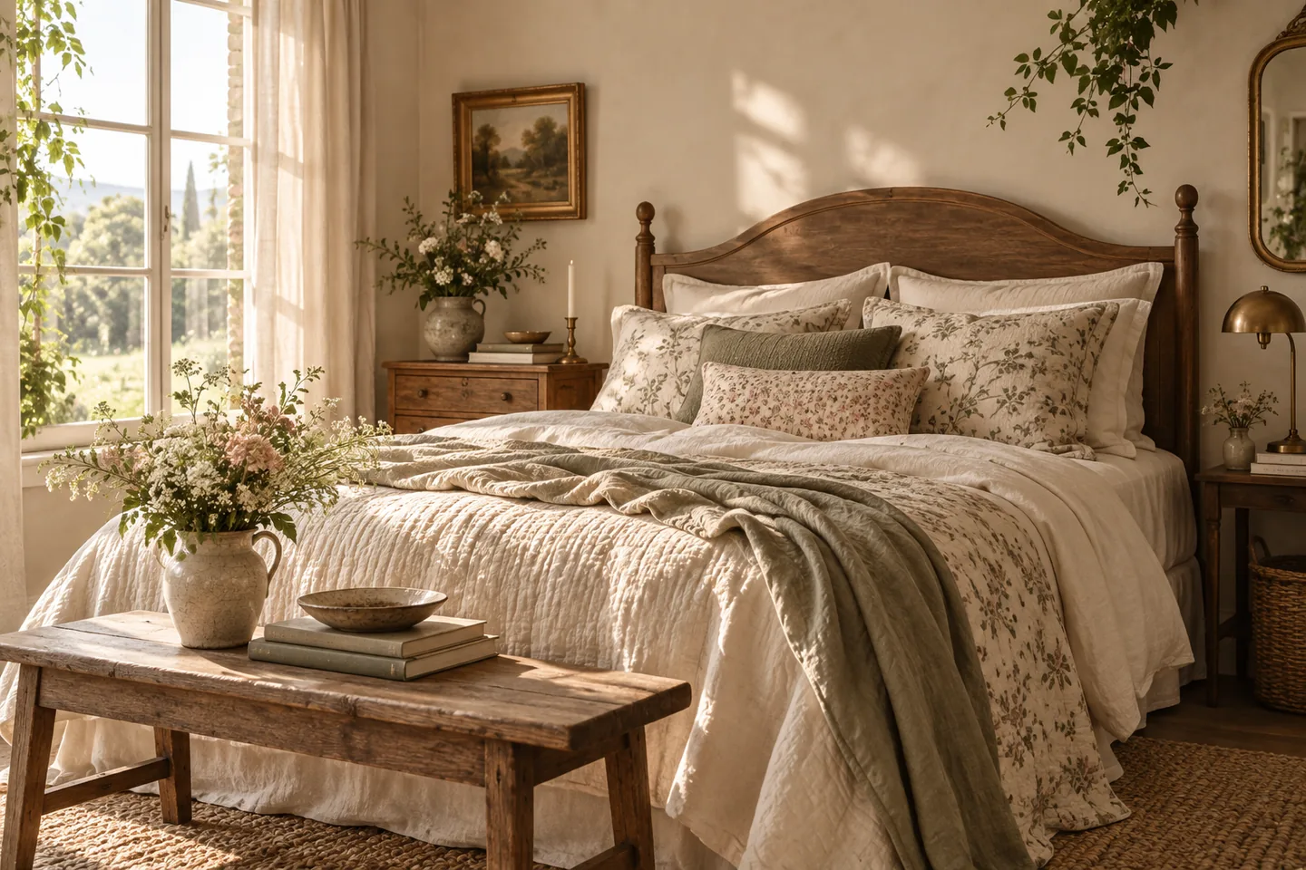 Romantic cottagecore bedroom with layered natural bedding, warm wood and soft morning light