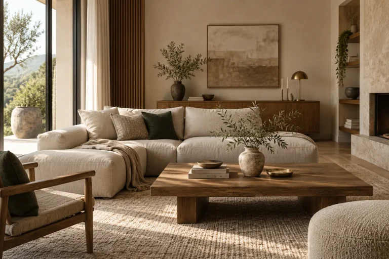 Warm Japandi living room with natural wood, linen upholstery and restrained olive branches