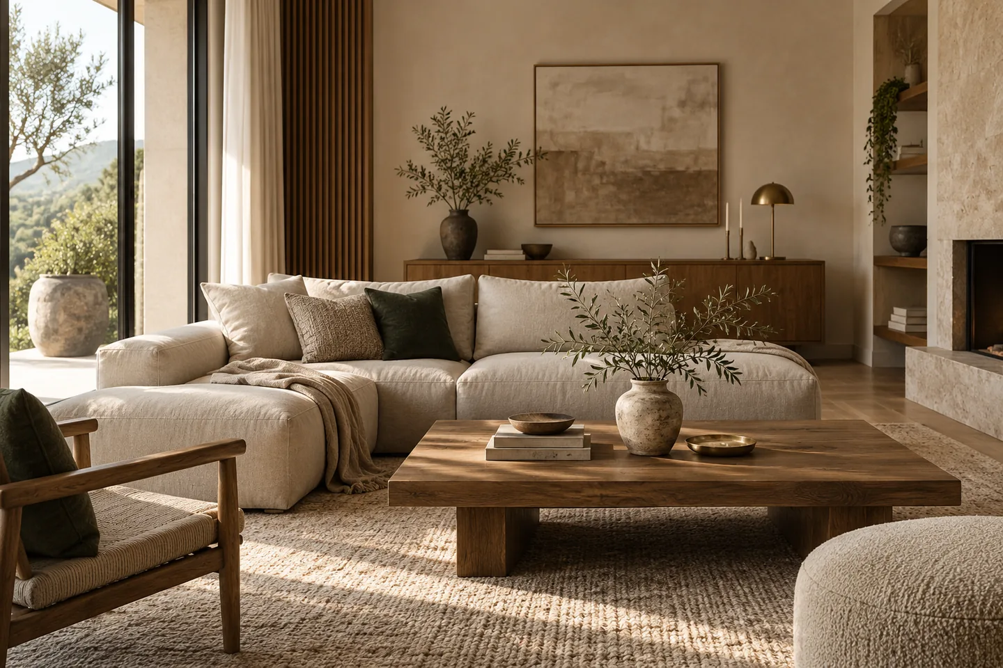 Warm Japandi living room with natural wood, linen upholstery and restrained olive branches