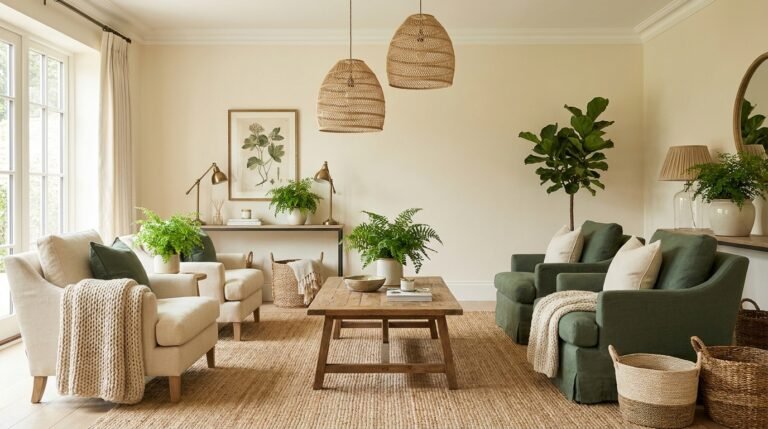 Sustainable living room with natural materials, vintage wood and warm neutral textiles
