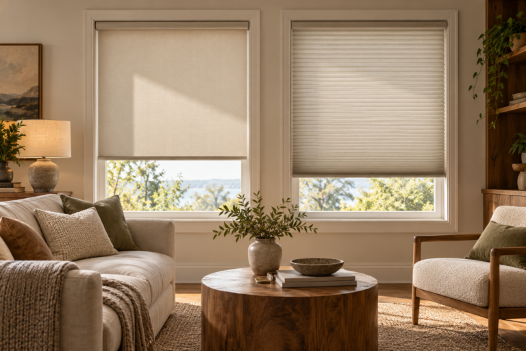 Two adjacent windows showing a roller shade and a cellular shade for privacy, insulation and light-control comparison