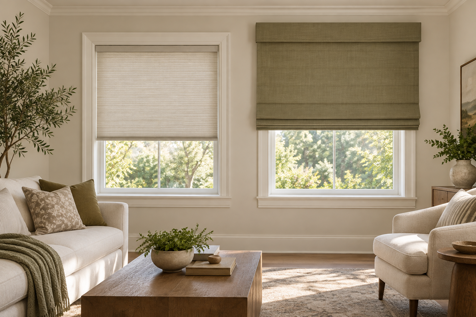 Two adjacent windows showing different shade mounting approaches for inside-mount and outside-mount measurement context