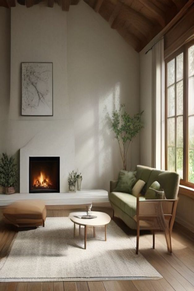 Vertical living room image with a correctly sized area rug, created for saving the Rug Size Guide