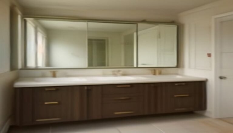 Warm bathroom with a wood vanity, practical drawers, large mirror and layered wall lighting