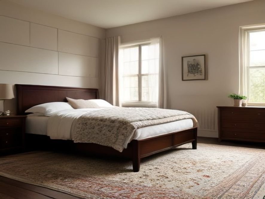 Bedroom with a large area rug extending beyond both sides and the foot of the bed