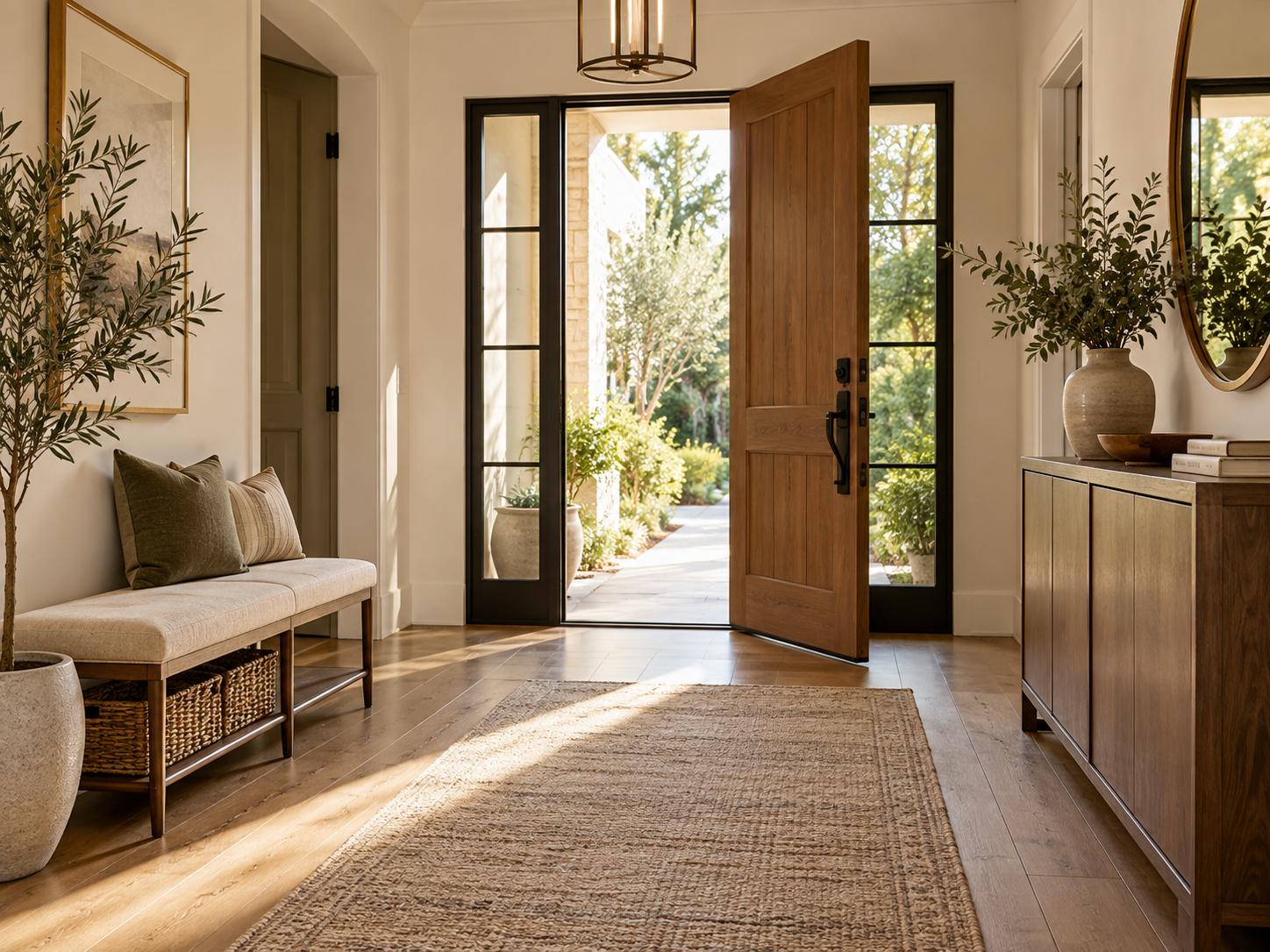 Warm entryway with bench, console, shoe storage and clear circulation at the front door