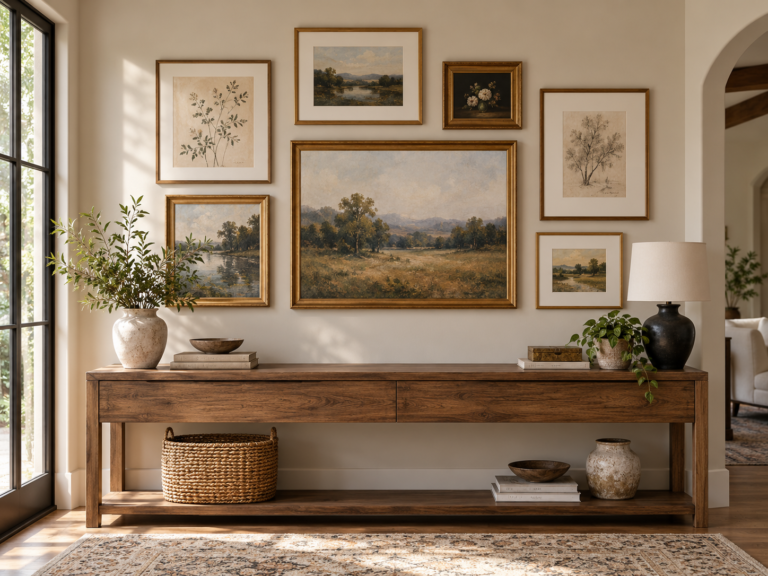 Warm gallery wall above a console with varied frames arranged in even visual spacing