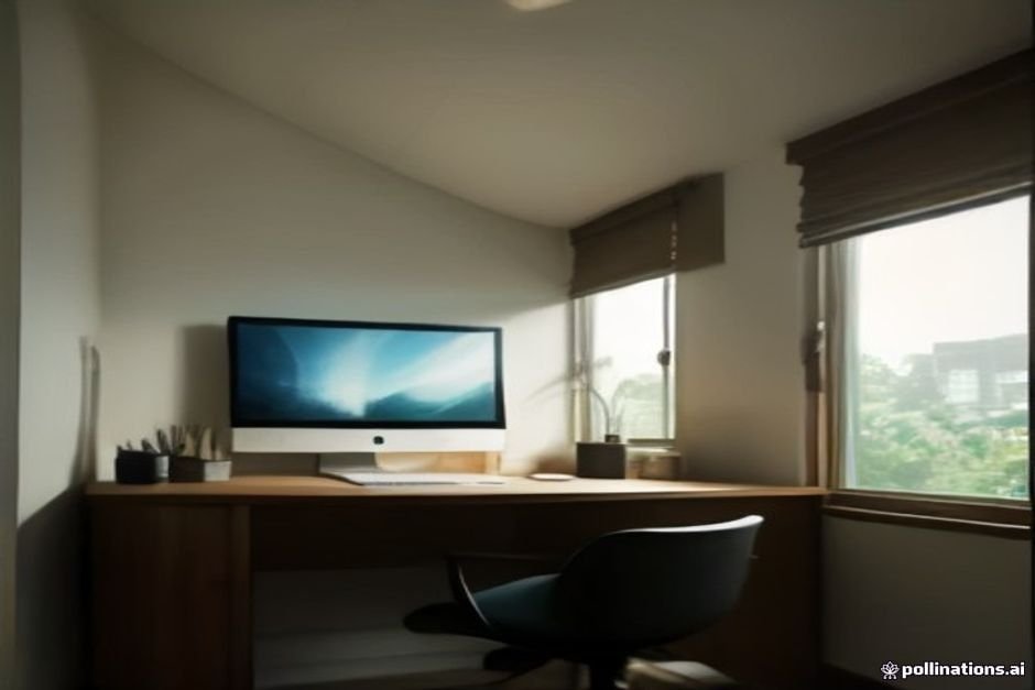 Warm home office with desk placed perpendicular to a window, layered lighting and closed storage