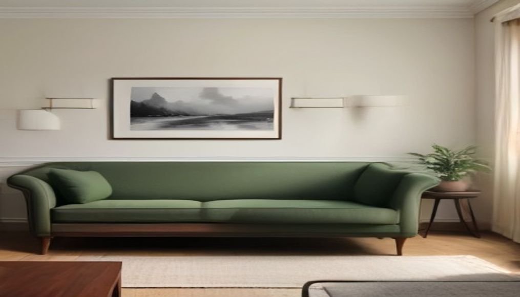 Warm living room with a balanced gallery wall above a cream sofa