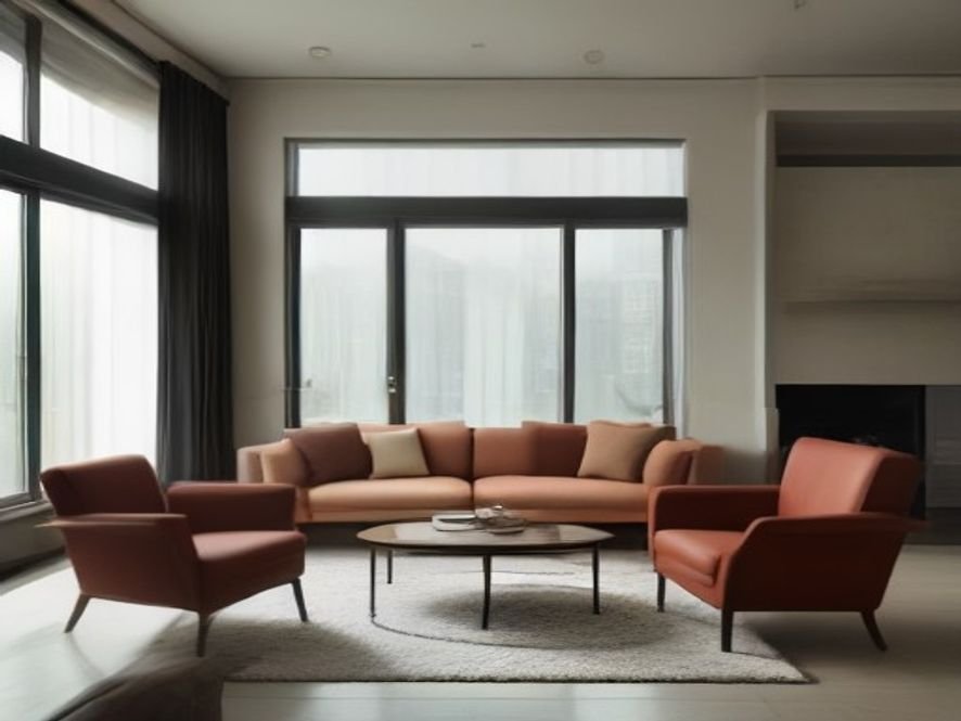Warm living room with a correctly sized area rug anchoring the sofa and chairs
