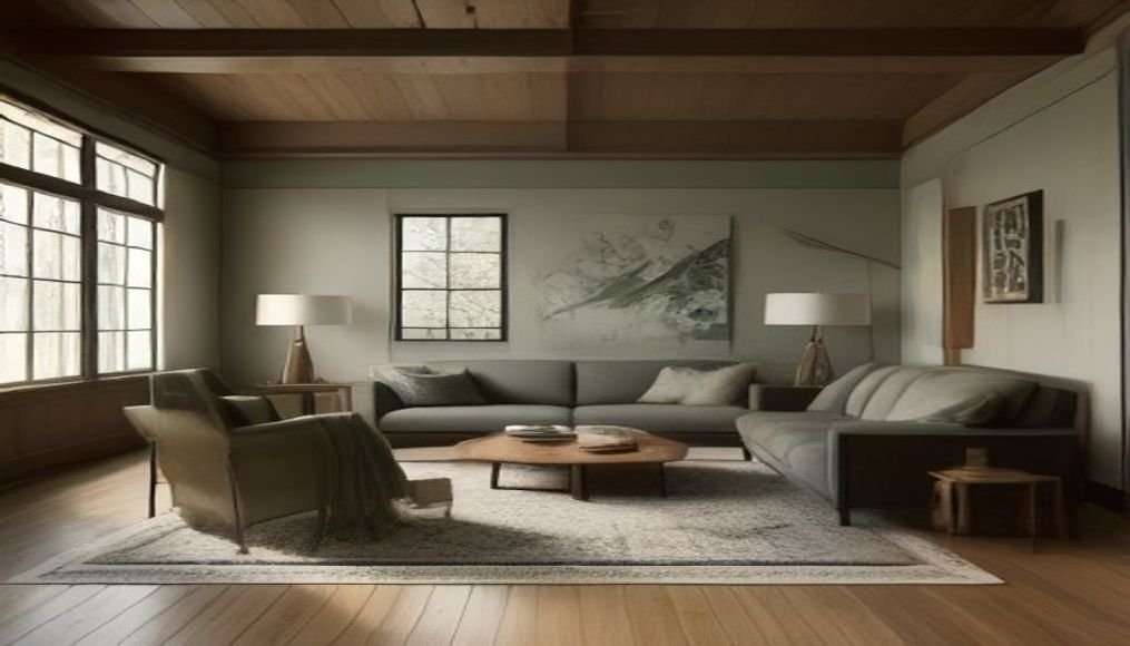 Warm living room with an area rug lifted to show a felt and rubber rug pad on hardwood flooring