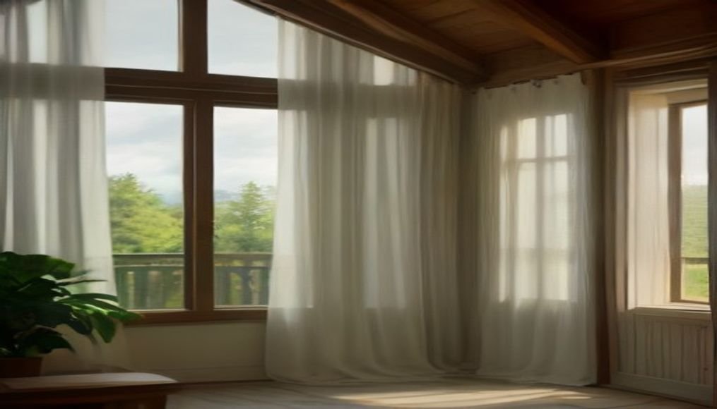 Warm living room with full-length curtains hung high and wide around a large window