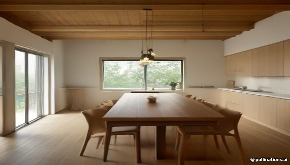 Warm open-plan kitchen and dining room with island, clear circulation and layered lighting