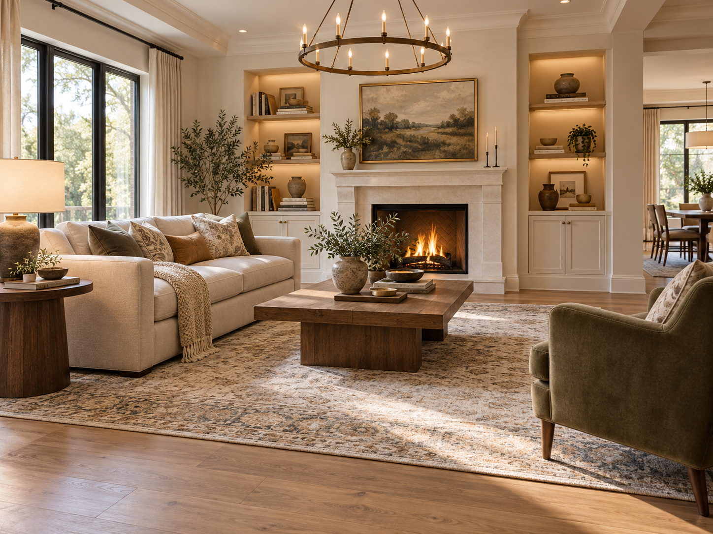 Warm, well-proportioned living room illustrating interior design measurements and furniture spacing