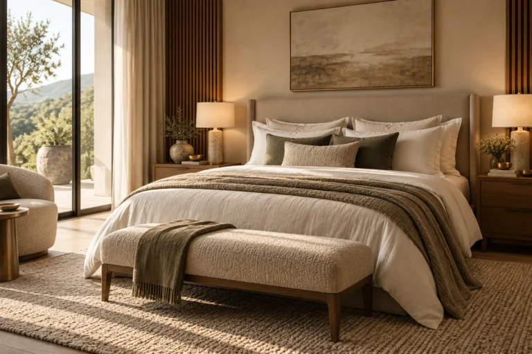 Refined bedroom with layered neutral bedding, upholstered bench and warm hotel-style lighting