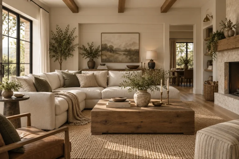 Warm modern farmhouse living room with natural wood, quiet neutral upholstery and collected styling